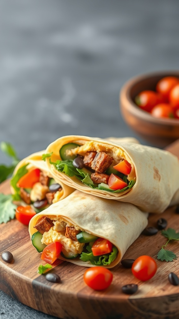Mediterranean tofu wraps with fresh vegetables on a wooden board