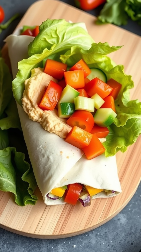 A healthy Mediterranean wrap filled with hummus and fresh vegetables