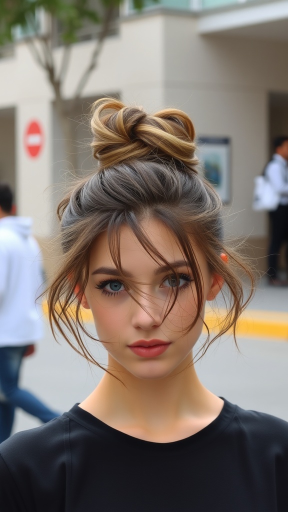 A young woman with a messy bun hairstyle, featuring strands of hair framing her face, showing a casual and stylish look.