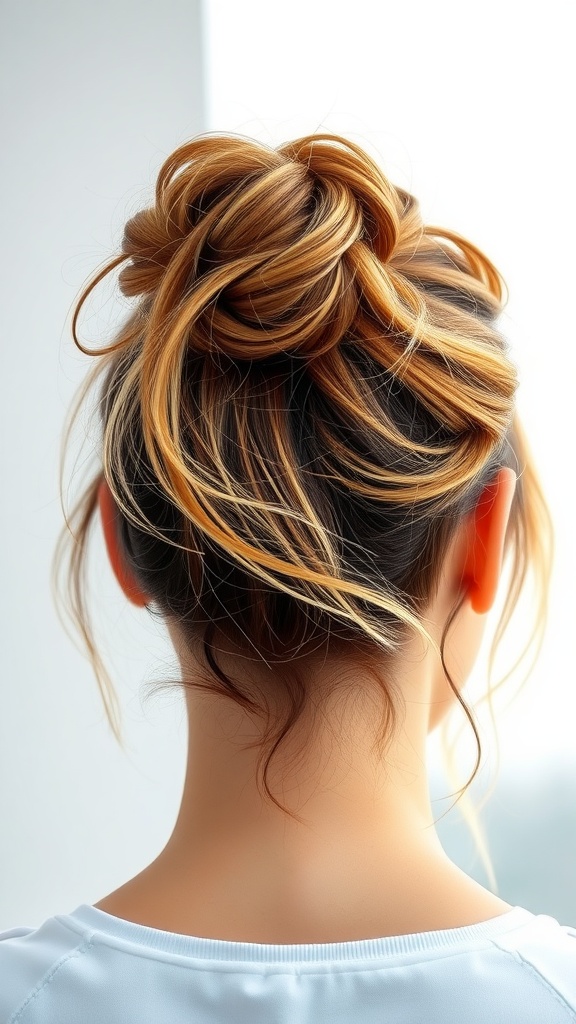 A woman with a stylish, messy bun hairstyle, showcasing loose strands for a relaxed look.