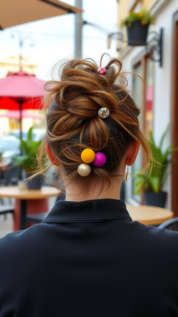 A woman's messy bun hairstyle with colorful hair accessories, viewed from the back.