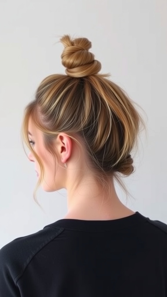 A woman with a messy half-up top knot hairstyle, viewed from the back, showcasing a casual and effortless look.