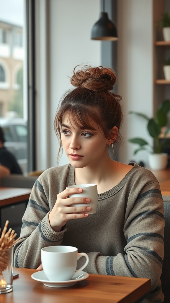 A young woman with a messy top knot hairstyle, holding a cup of coffee in a café.