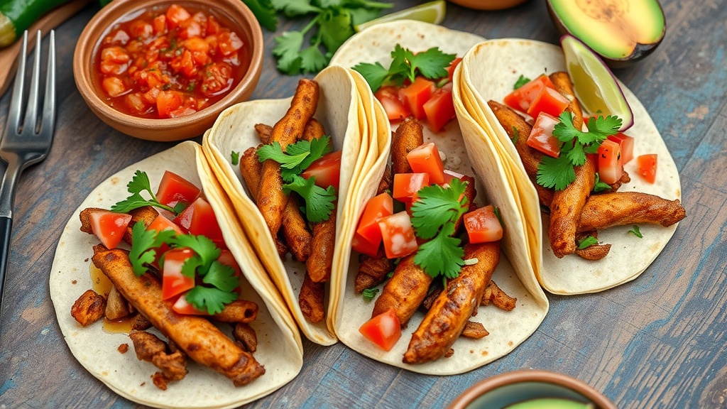 Three Mexican street tacos with chicken, diced tomatoes, and fresh cilantro served with salsa.