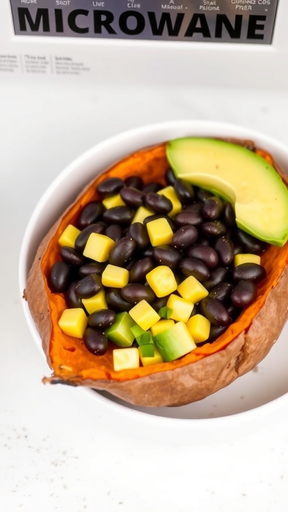 A microwaveable sweet potato bowl filled with black beans, corn, and avocado