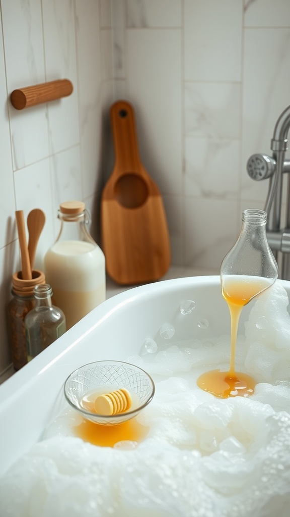 A cozy bath with milk and honey ingredients, including a bottle of honey being poured into bubbly water.