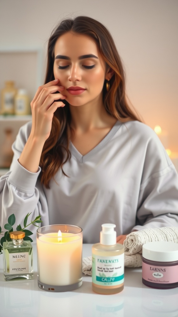 A woman applying skincare products with a calm expression, surrounded by candles and skincare items.