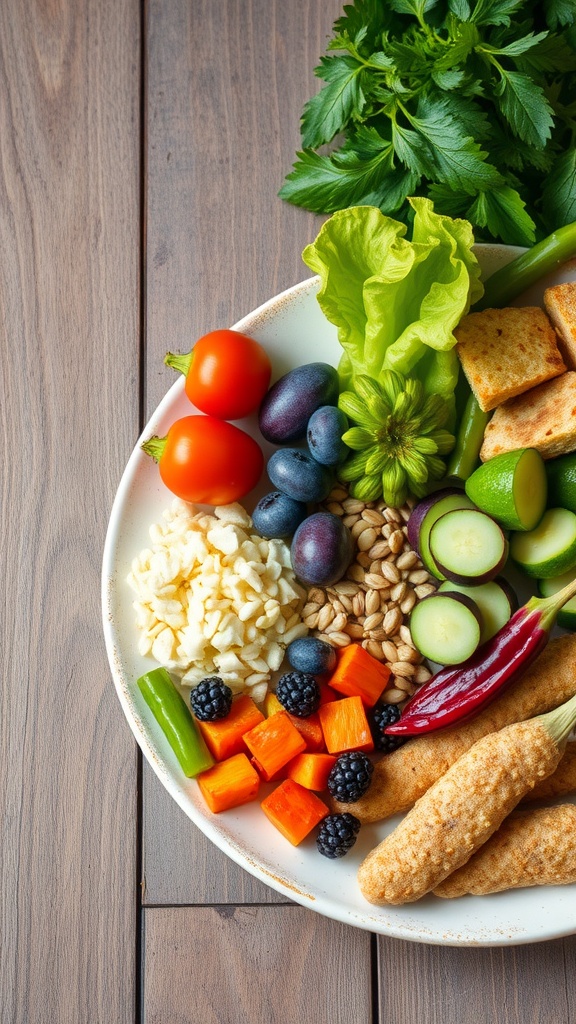 A plate of fresh vegetables, fruits, and grains on a wooden table.