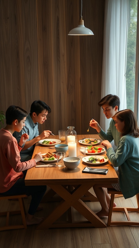 A family enjoying a meal together at a wooden dining table with plates of food and drinks.