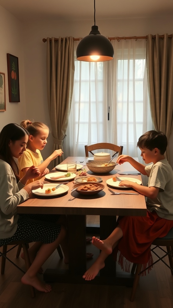 A family enjoying a meal together at the dining table, focusing on their plates and engaging in conversation.