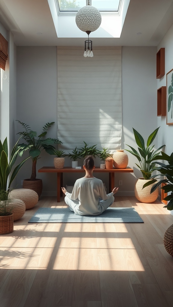 A person meditating in a tranquil room surrounded by plants and soft light.