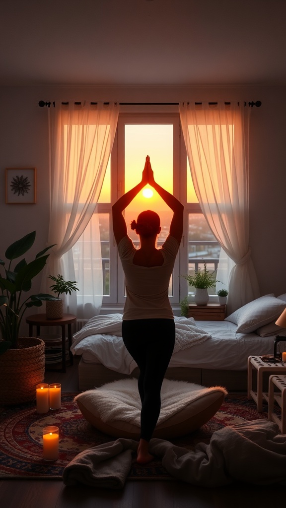 A person practicing yoga in a serene, sunlit room filled with plants and candles.