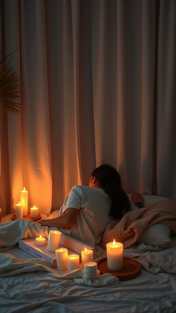 A cozy bedroom setting with candles, creating a warm and relaxing atmosphere for nighttime rituals.