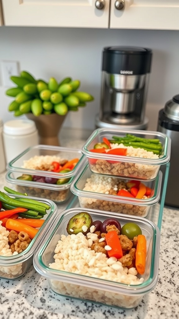Meal prep containers filled with colorful vegetables, grains, and proteins on a kitchen counter.