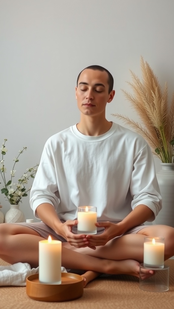 A person meditating with candles in a serene indoor setting.