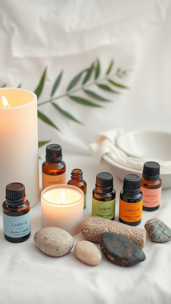 A calming skincare setup with essential oils, stones, and a candle
