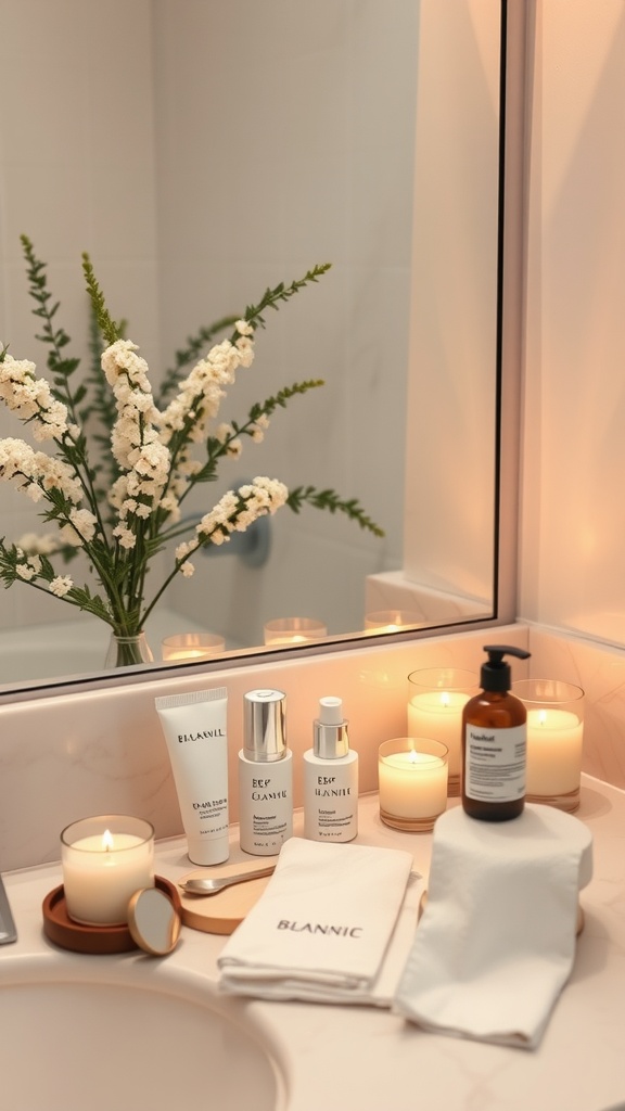 A serene bathroom countertop with skincare products, candles, and a bouquet of flowers.