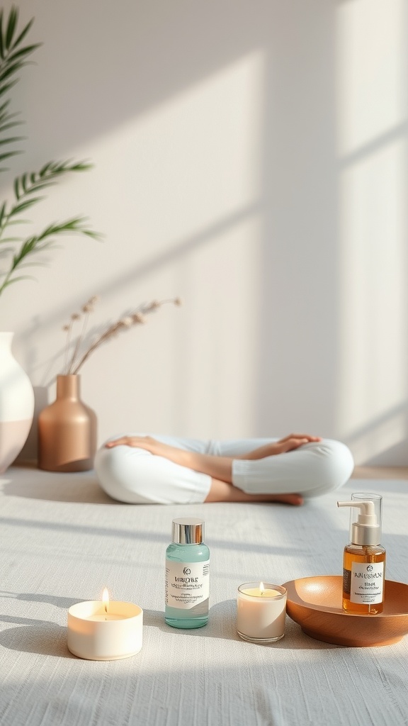 A serene setting with skincare products, candles, and a person practicing mindfulness.