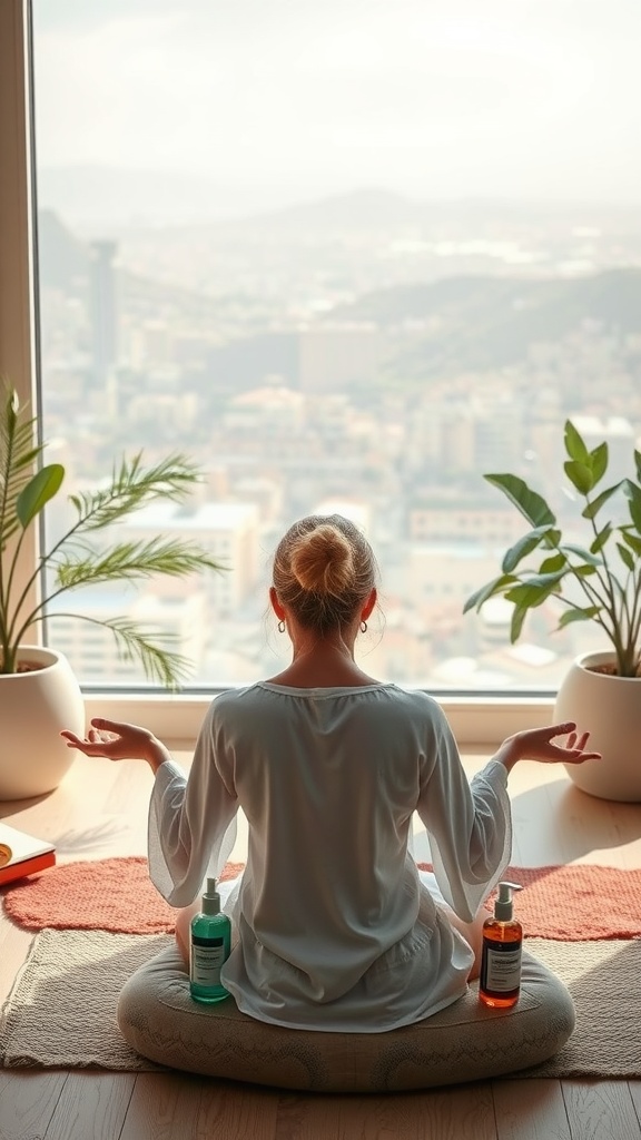 A woman meditating in front of a city view with skincare products beside her.