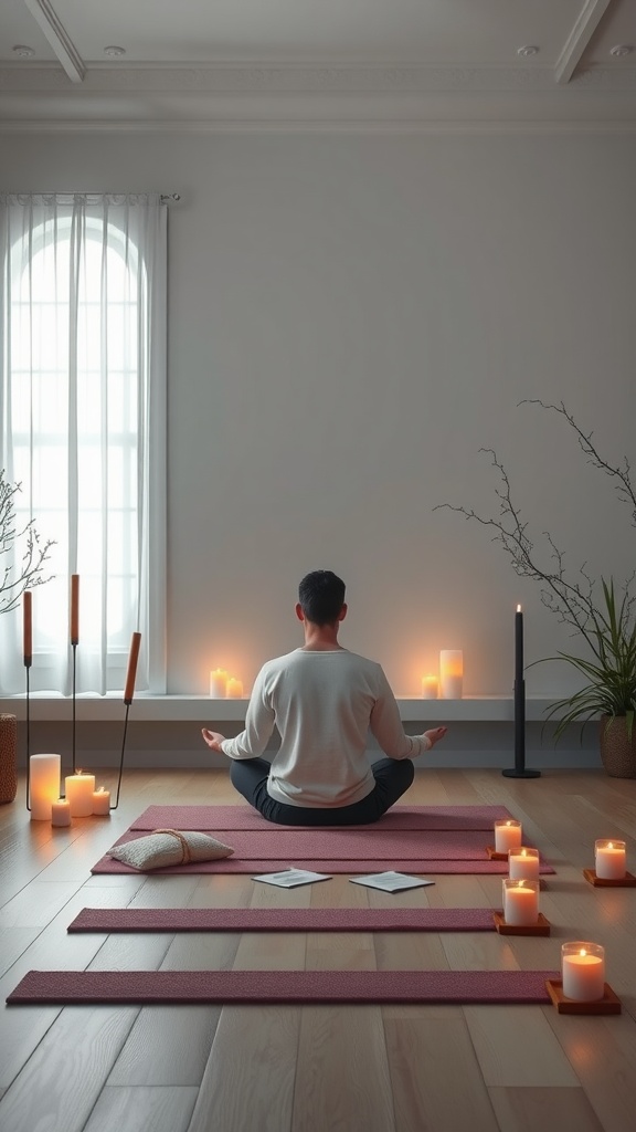 A person meditating in a calming room with candles and soft lighting.