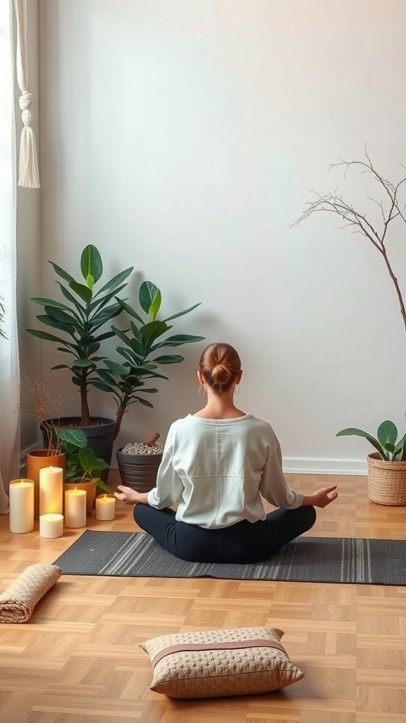 A person meditating in a tranquil room with plants and candles.