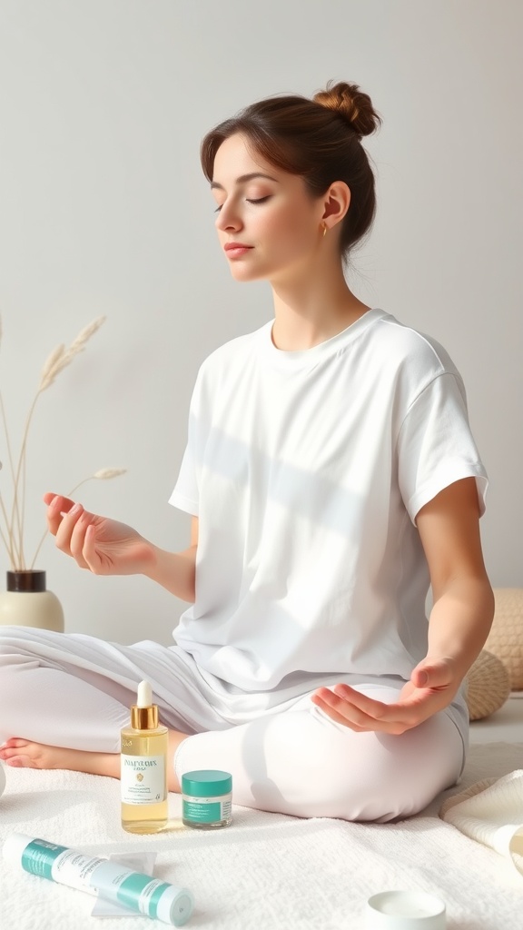 A woman practicing mindfulness during a skincare routine, sitting cross-legged with skincare products around her.