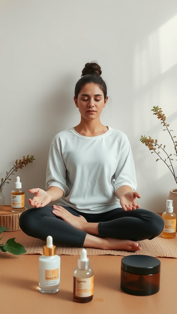 A person practicing mindfulness during their skincare routine, surrounded by skincare products in a calm setting.