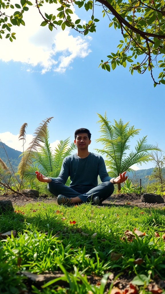 A person meditating in nature surrounded by greenery and a clear sky.