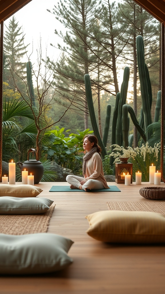 A woman meditating in a serene environment with candles and cushions around her.