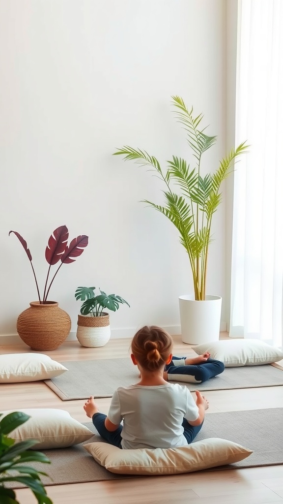 A person sitting on cushions in a peaceful room with plants, engaging in mindfulness practices.