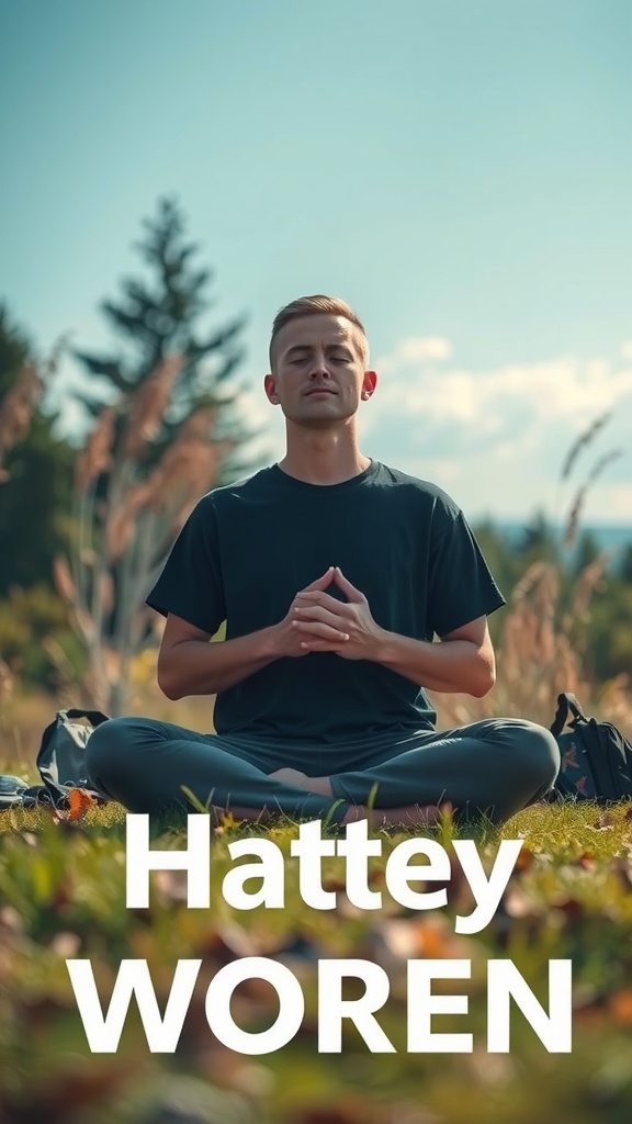 A person practicing mindfulness in a natural setting, sitting cross-legged with a serene expression.