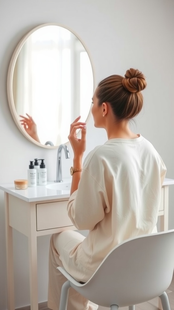 A woman sitting at a vanity, applying skincare product while gazing at her reflection in a round mirror