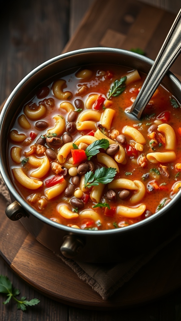 A bowl of minestrone soup with pasta and vegetables