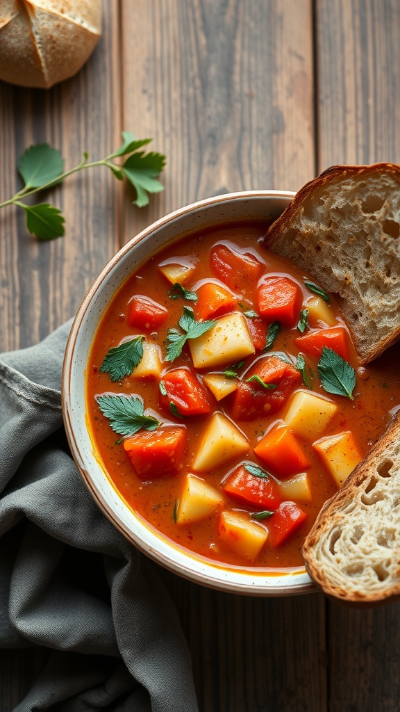 A bowl of minestrone soup with chopped vegetables and crusty bread.