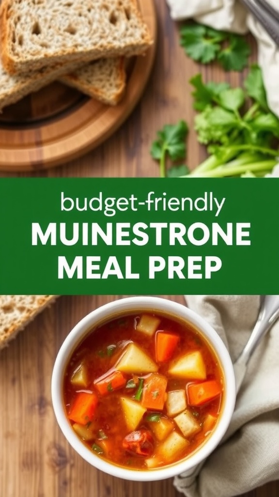 A bowl of minestrone soup with vegetables and bread on the side.