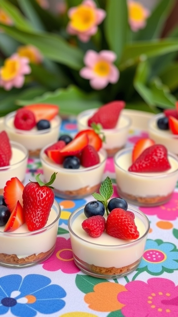 Mini cheesecake cups topped with fresh berries.