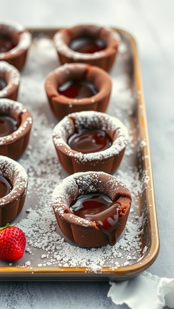 Mini chocolate lava cakes on a tray, dusted with powdered sugar and ready to serve.