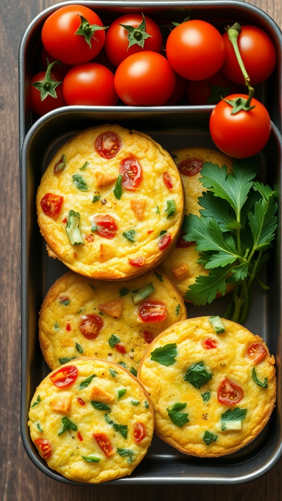 Mini frittatas in a lunchbox with cherry tomatoes.