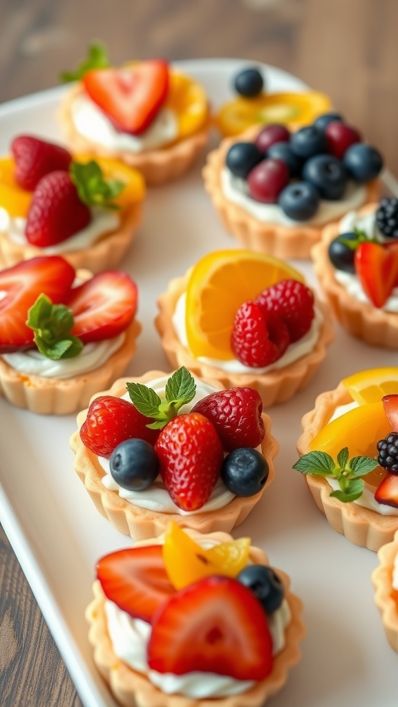 Mini fruit tarts with various fresh fruits on a platter