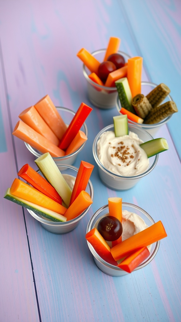 Mini hummus and veggie cups with colorful vegetable sticks
