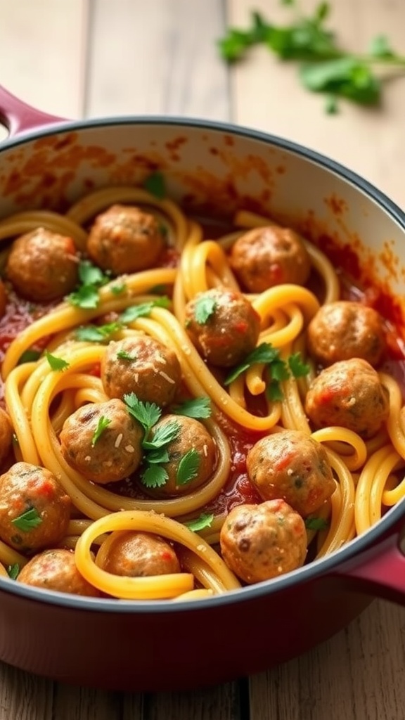 A pot of mini meatball pasta with spaghetti and garnished with parsley.