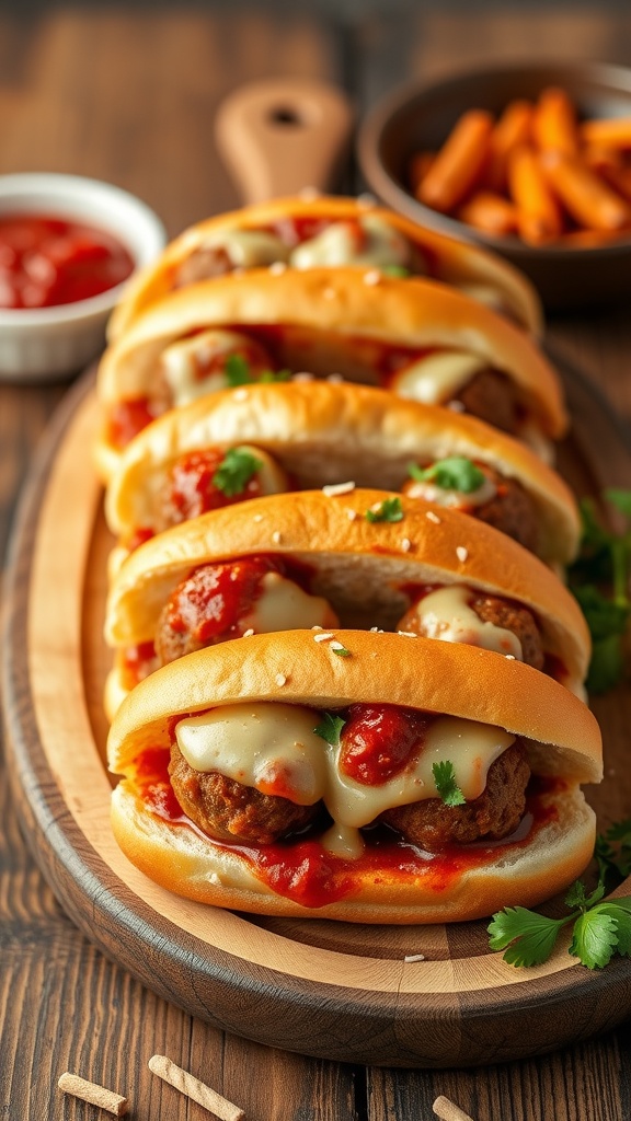 Mini meatball sub sandwiches with marinara sauce and melted cheese.