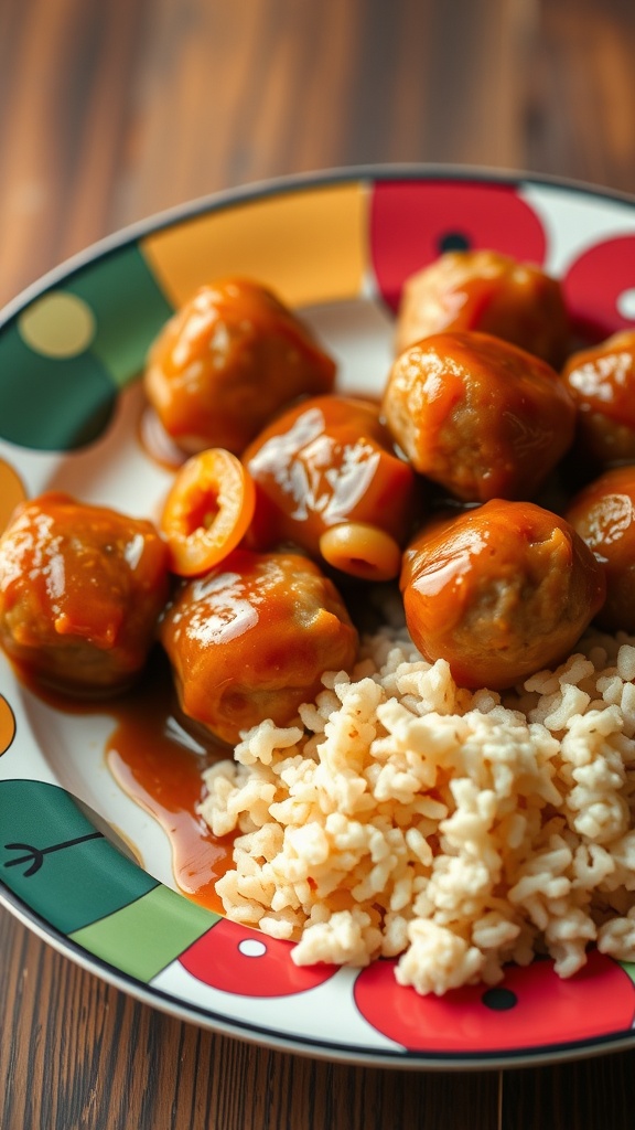 Plate of mini meatballs in sweet and sour sauce served with rice.