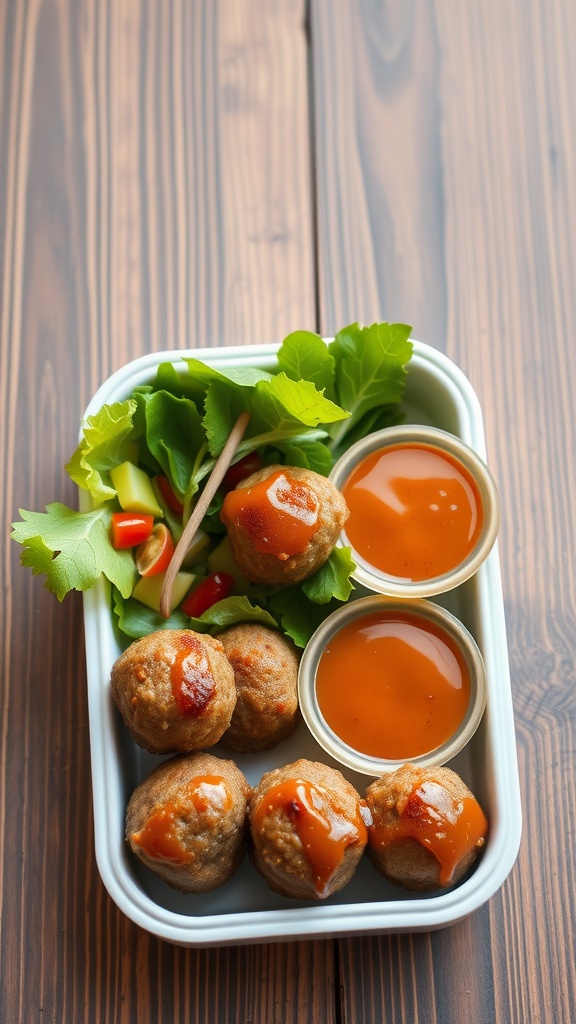 A bento box with mini meatballs, dipping sauce, and fresh greens.
