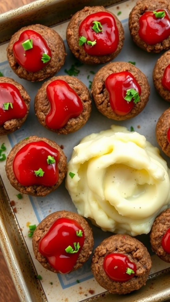 Mini meatloaf muffins topped with ketchup and parsley, served with mashed potatoes.