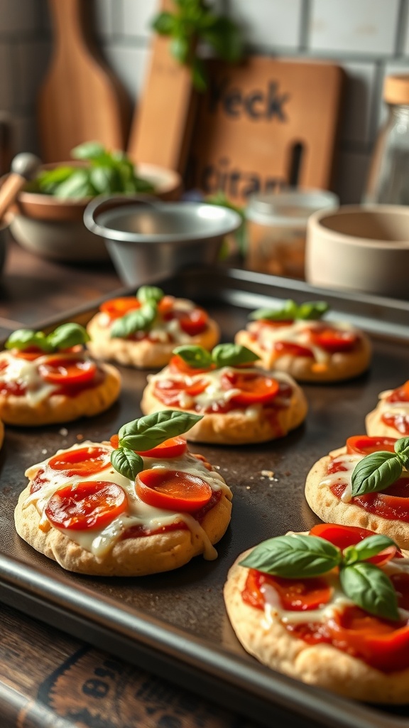 Mini pepperoni pizzas on a baking tray, garnished with basil leaves.
