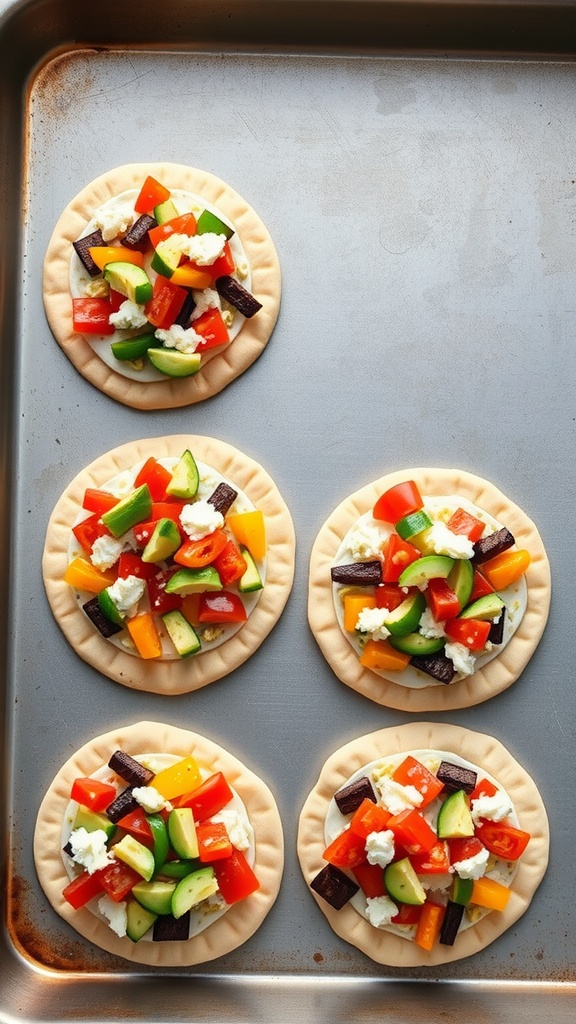 Mini pita pizzas topped with colorful vegetables and cheese, ready for baking.