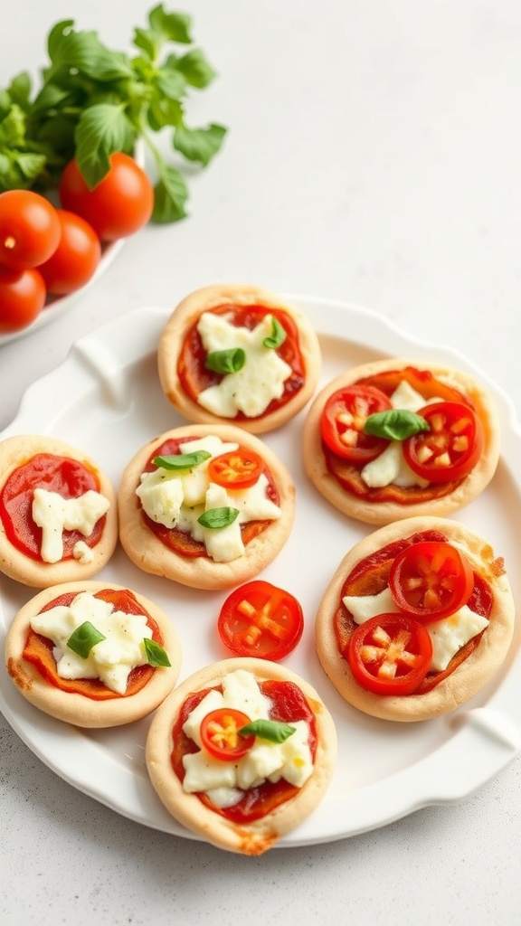 A plate of mini pita pizzas topped with tomatoes, cheese, and herbs.