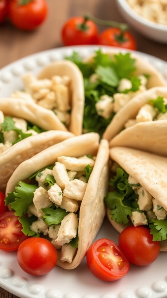 Mini pita pockets filled with chicken salad, garnished with fresh cilantro and served with cherry tomatoes.