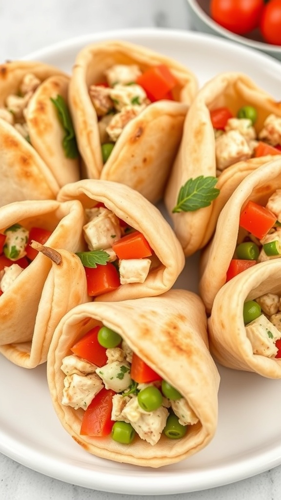 A plate of mini pita pockets filled with diced chicken, bell peppers, green peas, and feta cheese, garnished with fresh herbs.
